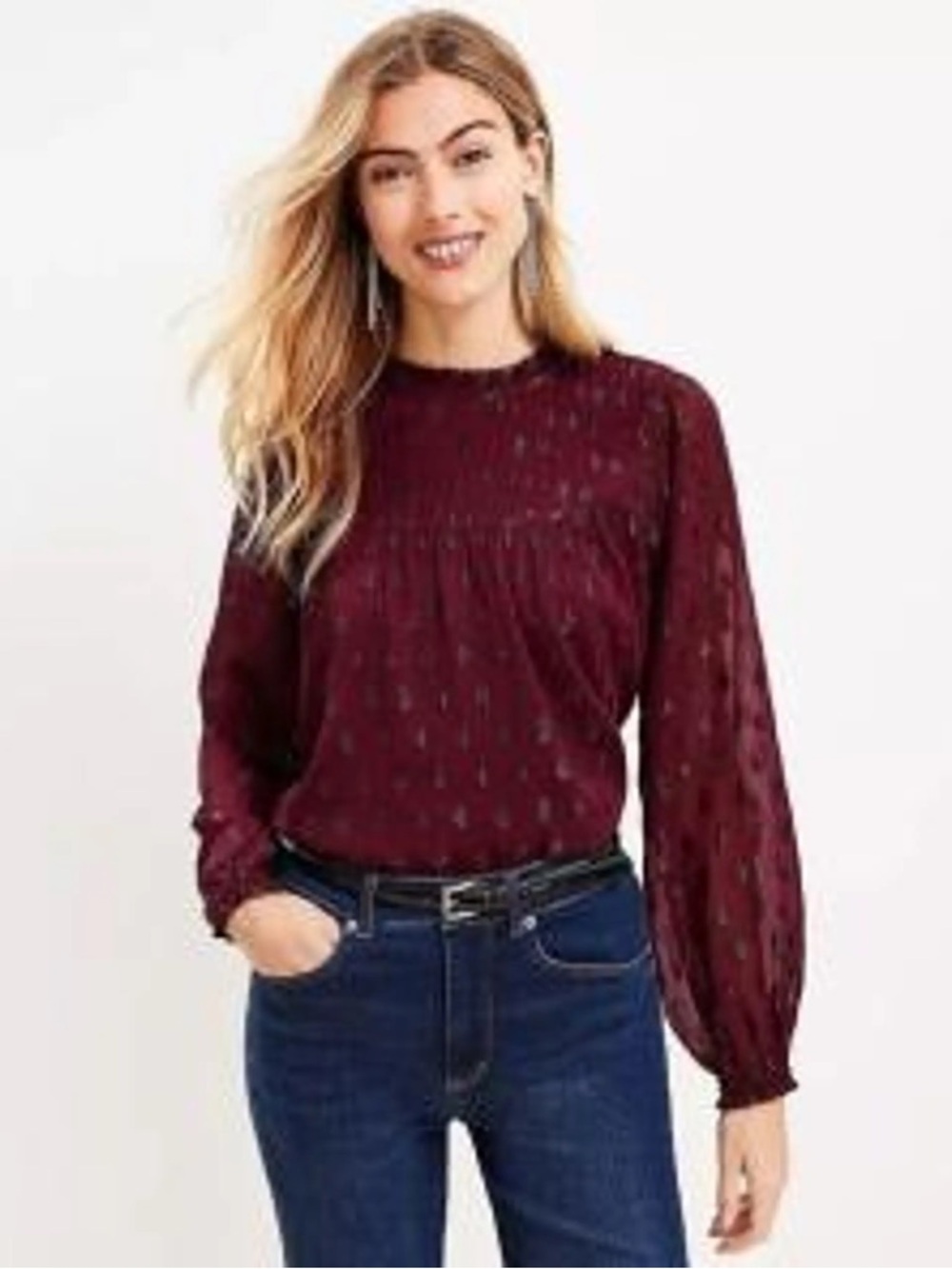 LOFT Top Women’s XL Maroon Metallic Shimmer Clip Dot Smocked Ruffle Neck NWT